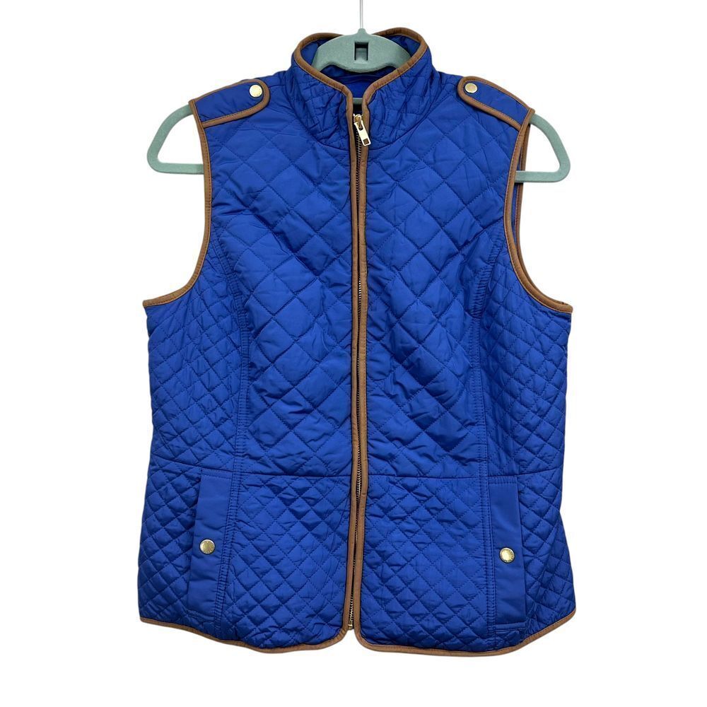 Talbots Womens Quited Vest Fleece Lined Brown Trim Pockets Blue Sz Petite MP*